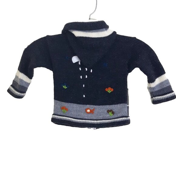 Vintage Kids Wool Blend Hand Knit Sweater Hoodie 3D Prints Animals Sun Plants - Picture 2 of 5